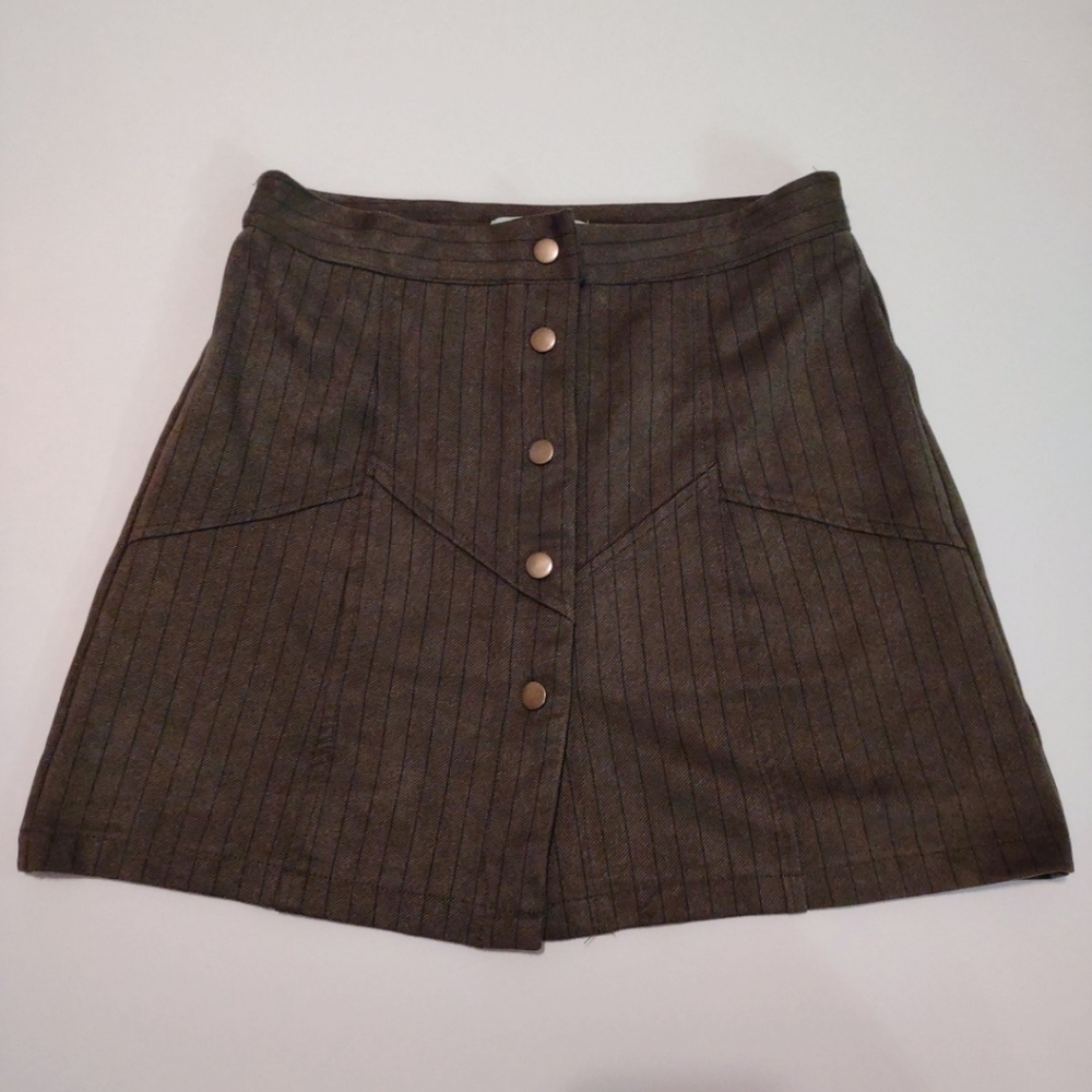 She & Sky Olive Green Stripe Button Down Skirt M